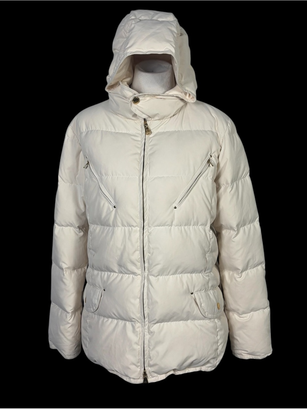 Lauren Ralph Lauren Cream Down Feather Puffer Jacket Hooded Coat Zip Up Womens L